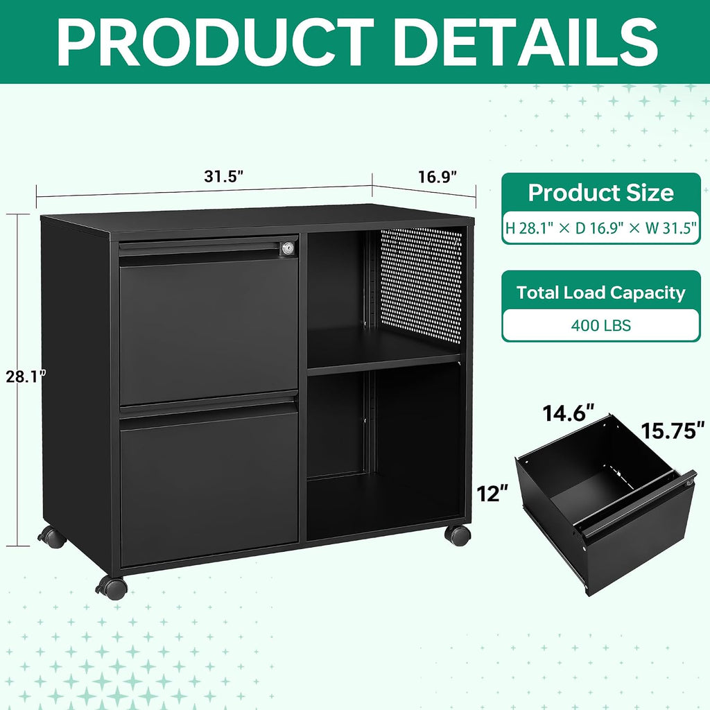 Letaya Mobile File Cabinet, Metal Lateral Rolling Printer Stand Filing Cabinets with Shelves for Home Office-Storage A4/F4 (Black)