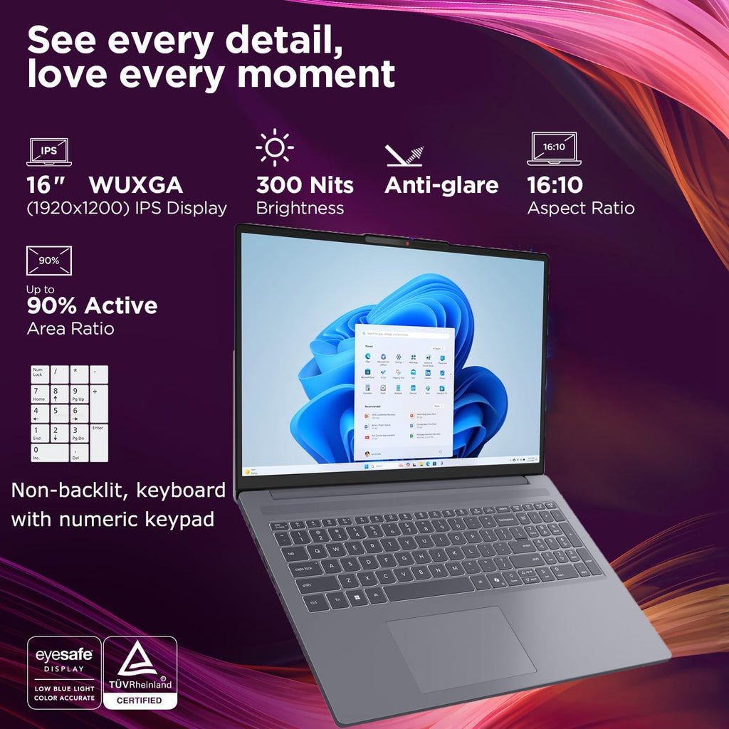 Lenovo IdeaPad Slim 3 Laptop 16' FHD+ Computer for Home Office, Intel 8-Core i5-13420H, 8GB DDR5 RAM, 256GB PCIe SSD, WiFi 6, Bluetooth 5.2, AI Copilot, Luna Grey, Windows 11 Home