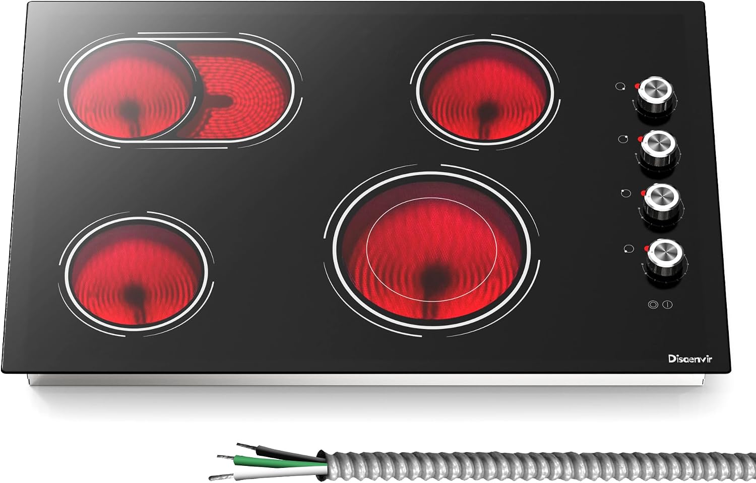 Electric Cooktop 30 Inch - 4 Burner Powerful Glass Electric Stove Top 6700W, 30 Inches Built-in Ceramic Stovetop with Dual & Expanded Ring, Knob Control, 220V - 240V Hard Wire(No Plug)