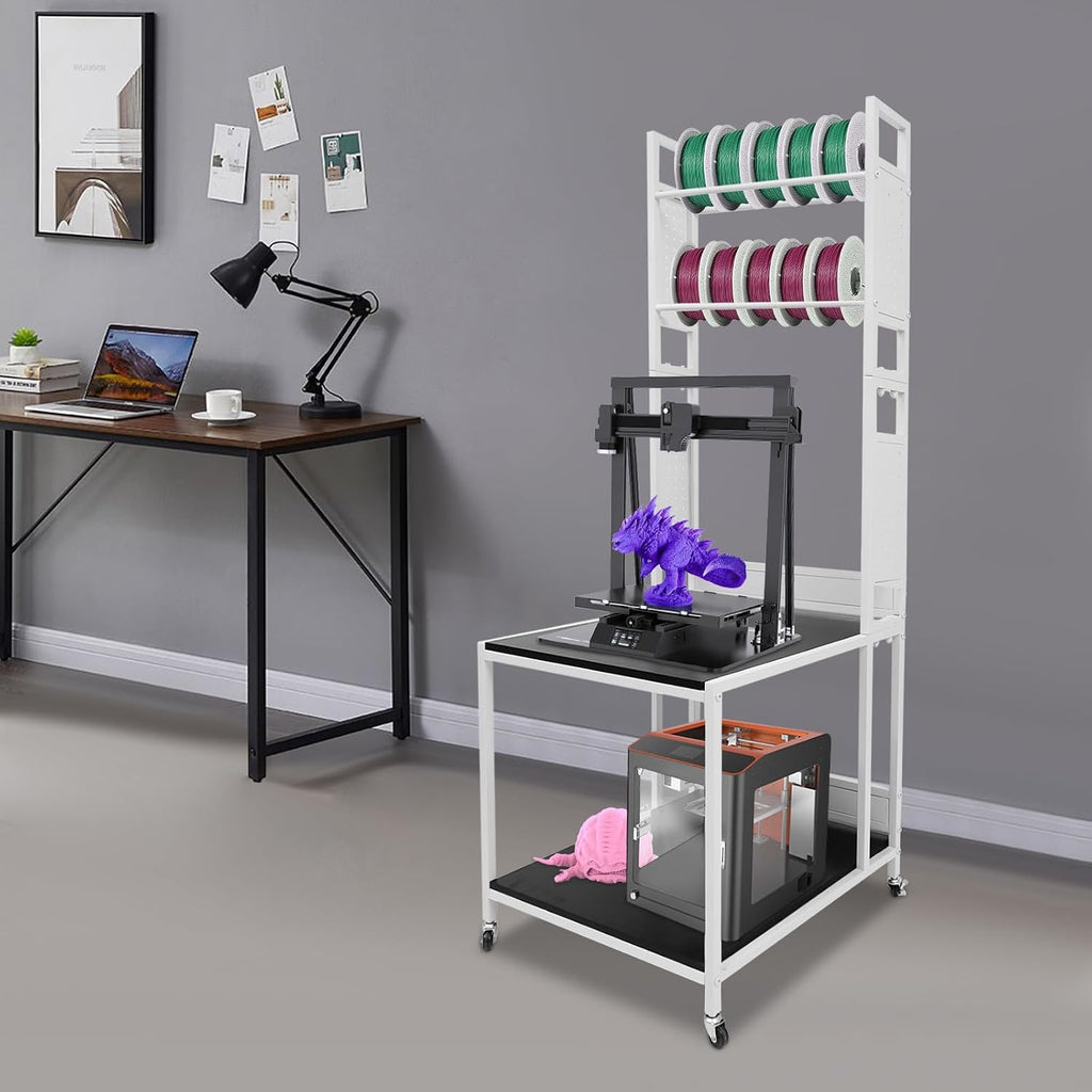 3D Printer Stand with Double Layer, 3D Printer Filament Storage Rack, Heavy Duty Mobile Printer Table with Wheels for Studio Office Storage and Organization (White)