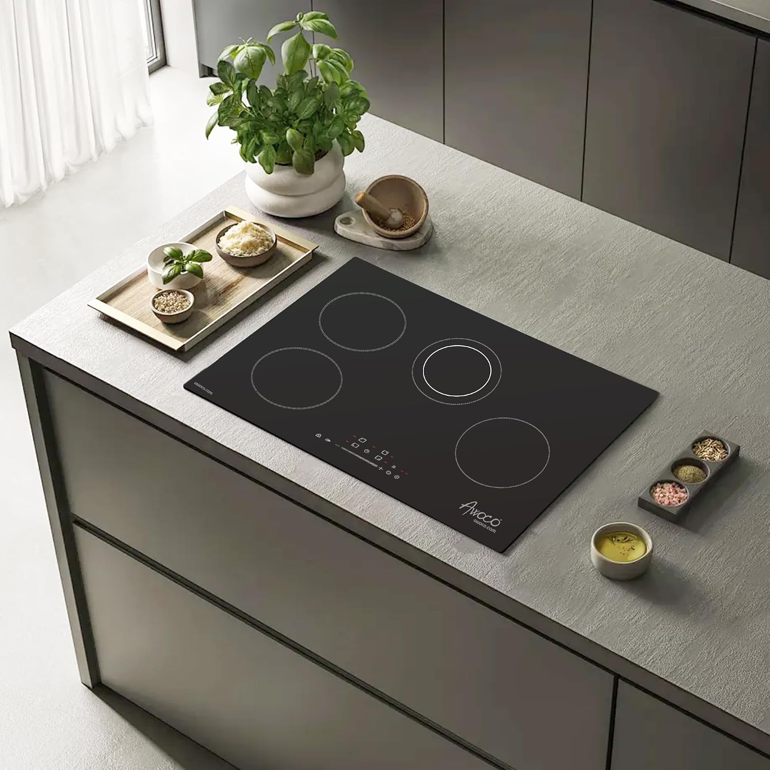 Awoco 30-Inch Ceramic Cooktop, 6600W Electric Stove with 4 Burners with hard wire, 9 Power Levels Digital Timer Child Lock, Residual Heat Indicator, Automatic Shut-Off Easy Clean Touch Panel, 220-240V