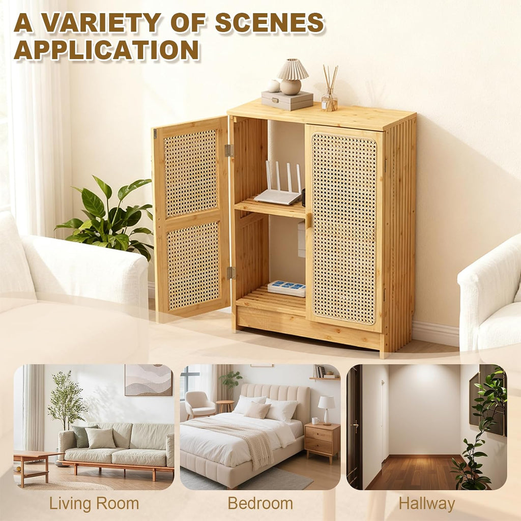 Jueraori WiFi Router Storage Cabinet with Adjustable Shelves, 2-Tier Bamboo Rattan Standing Modem Organizer Box for Home & Office, No Back Panel, 27.6' x 19.7' x 9.8'