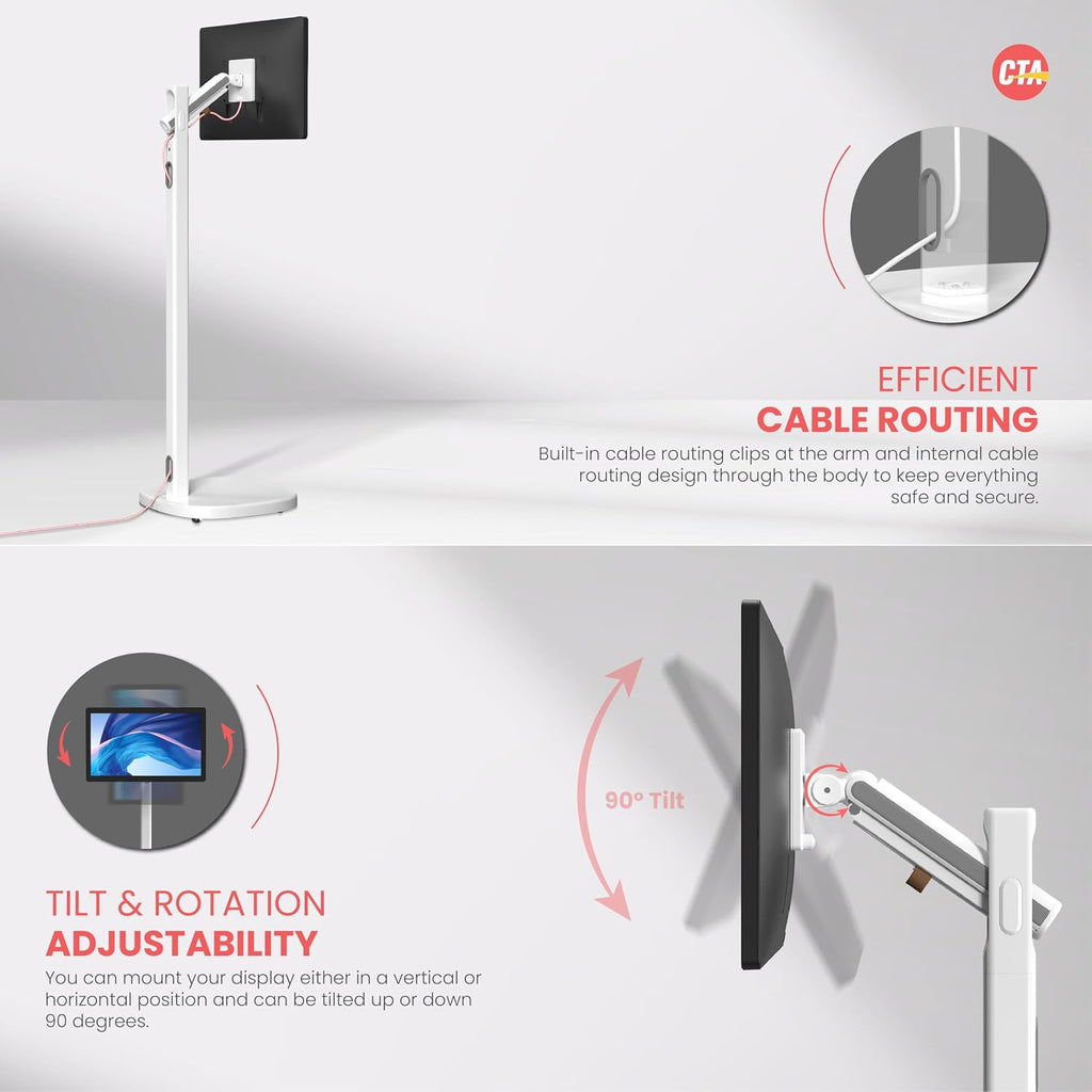 CTA Ergonomic Floor Stand For Monitors & TV's Up To 35-inches & 22 lbs - Mobile Stand With Anti-Knockdown Base & Height Adjustable - Commercial Grade - (ADD-MSADFS)