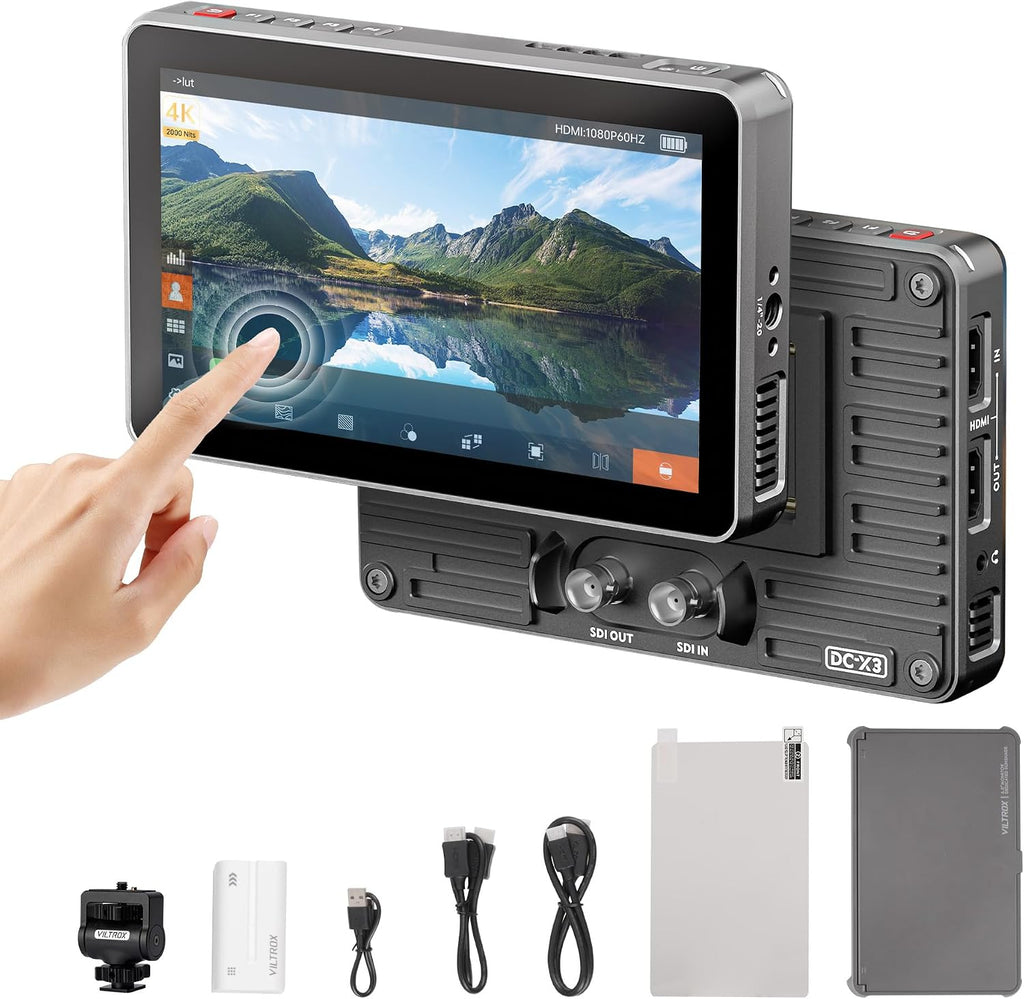 VILTROX DC-X3 Touchscreen FHD IPS Camera Monitor, 2000 nits 4K SDI HDMI in/Out Video Field Monitor Kit with Sunshade Hood, 3D LUT, Waveform, Histogram & Vectorscope Tools, Black