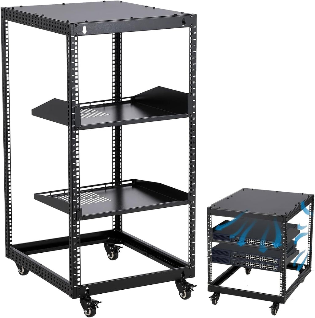 20U Open Frame Network Rack, Heavy Duty Steel Server Rack Shelf,Support Wall Mount and Floor Standing Use for IT Equipment and AV Gear, Adjustable Height 22-40in
