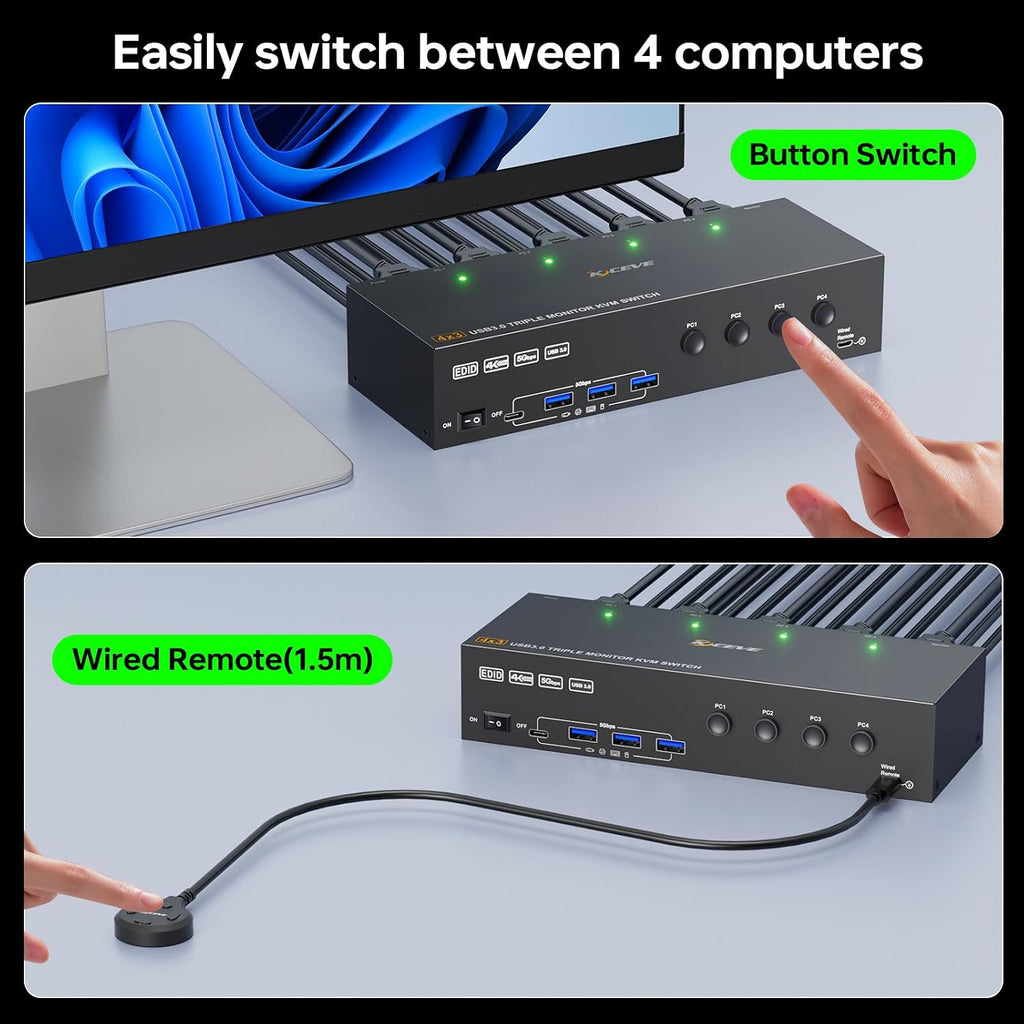 KVM Switch 2 Monitors for 1 Laptop and 1 Desktop 4K@60Hz, USB C HDMI Dual Monitor KVM Switch,Docking Station KVM Switches with 4 USB 3.0 Port, 80W PD Charging, Wired Remote and USB-C Cable Included