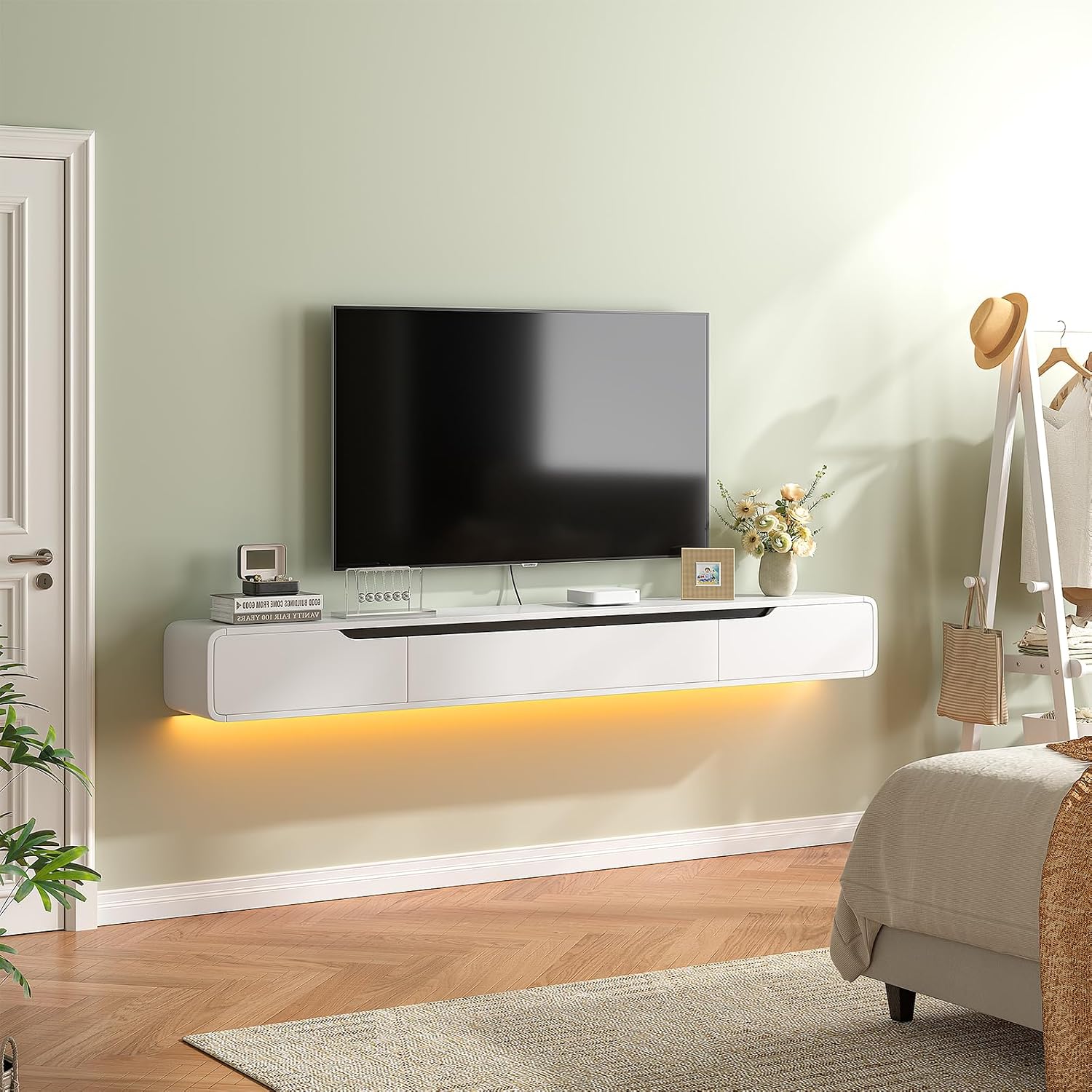 Fully-Assembled Floating TV Stand with Drawers, 55IN High Gloss Wall Mounted Entertainment Center, Modern Media Console with Storage, Under TV Shelf for Bedroom Living Room White