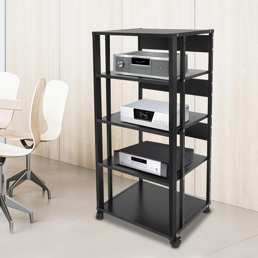 5-Tier Audio-Video Media Stand with Adjustable Shelves, Home AV Media Stand Rack with 4 Lockable Wheels, Freestanding Media Stand for Holding Amplifiers, Books (Black)