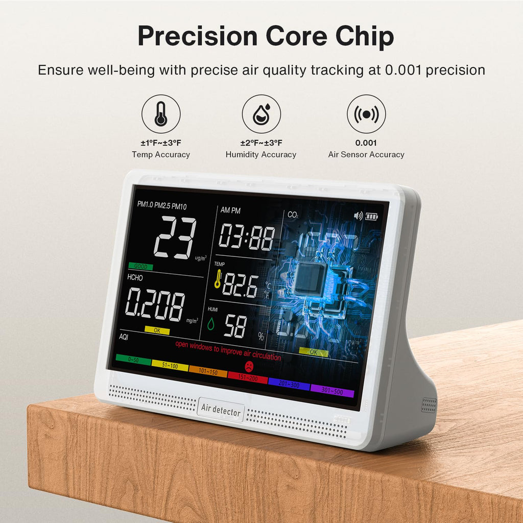 Upgrade Extended 12-Hour Battery Life 16 in 1 Air Quality Monitor Indoor with 7' Display, Professional Air Quality Meter for CO2, TVOC, PM2.5, PM1.0, PM10, HCHO, Temperature, Humidity, AQI & Time