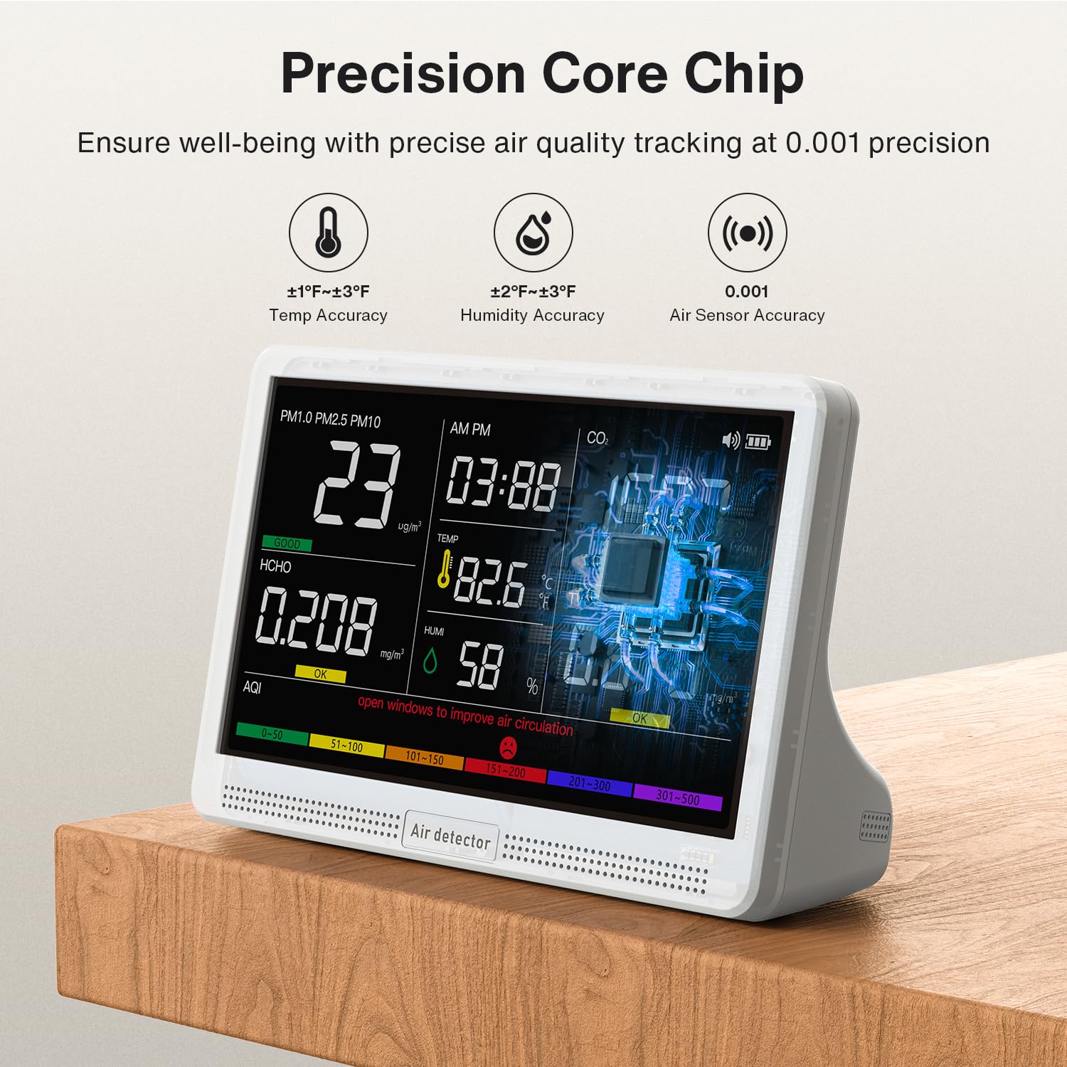 Upgrade Extended 12-Hour Battery Life 16 in 1 Air Quality Monitor Indoor with 7' Display, Professional Air Quality Meter for CO2, TVOC, PM2.5, PM1.0, PM10, HCHO, Temperature, Humidity, AQI & Time