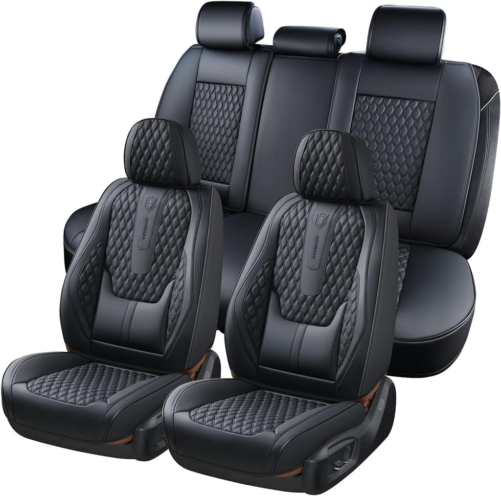Coverado Car Seat Covers Full Set, Black Seat Covers for Car with Lumbar Support, Nappa Leather Seat Covers Waterproof Car Seat Protectors Universal Fit for Most Cars SUV Trucks