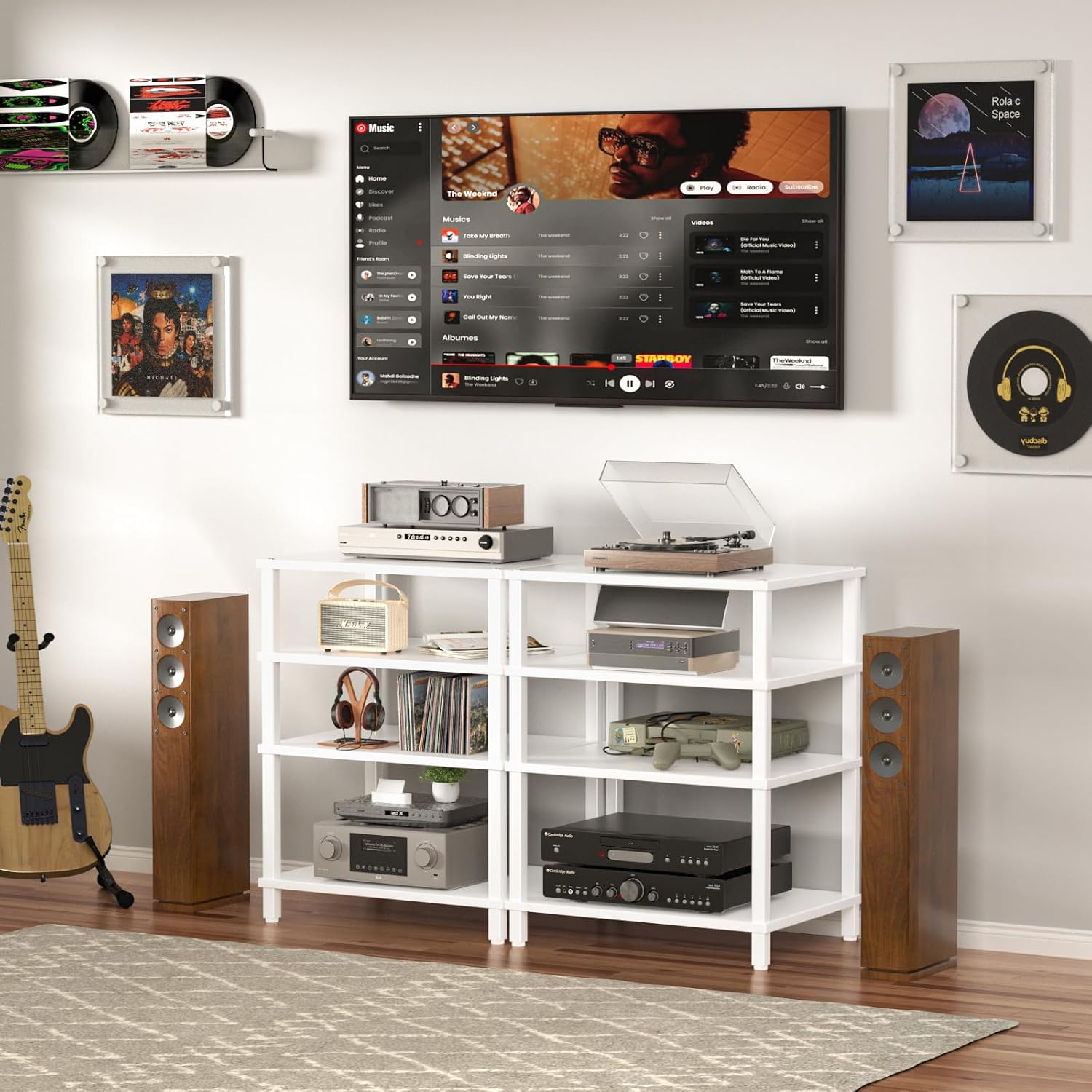 LELELINKY 4-Tier AV Media Player Stand Set of 2, White Stereo Cabinet, Wooden TV Stand,Game Console Shelf, Multifunctional Entertainment Center, Suitable for Home, Conference Room, Game Studio