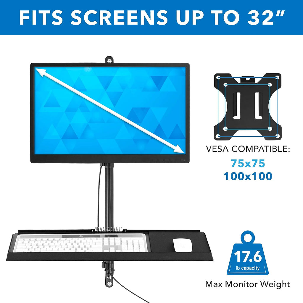 Mount-It! Single Monitor Arm Wall Mount Workstation with Keyboard Tray & CPU Holder, Height Adjustable Gas Spring Full Motion Computer Station, Fits 17–32' VESA 75x75 100x100, Black
