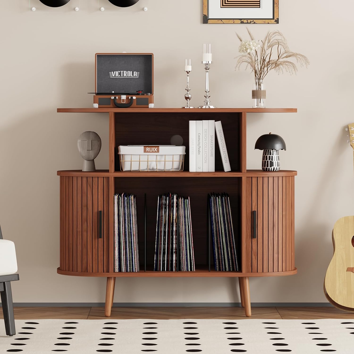 35.4' Record Player Stand with Storage - Vinyl Record Storage Cabinet & Media Console Holds 300+ Records, Mid Century Modern Turntable Stand for Living Room (Walnut, 35.4')