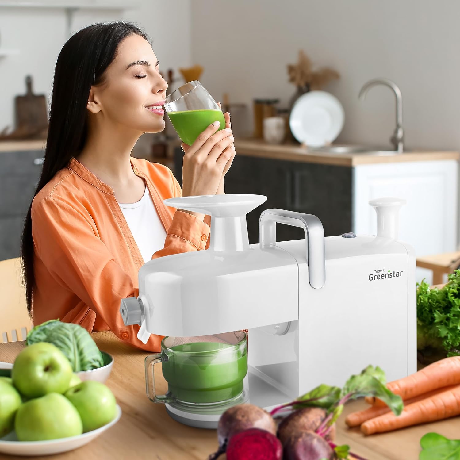 Tribest Greenstar 5 GS5 All Stainless Steel Twin Gear Cold Press Masticating Juicer with Easy Clean Housing, Screen Cleaning Tool and Glass Pitcher, White