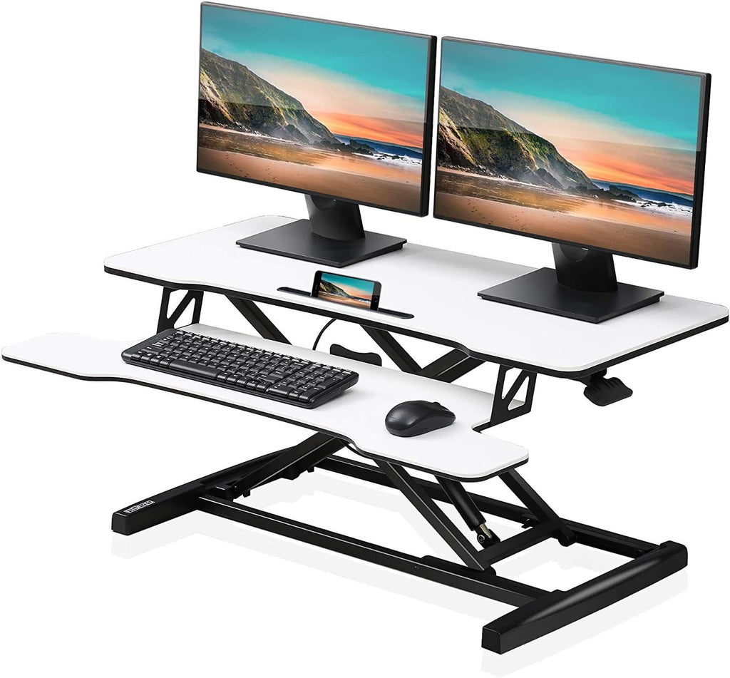 FITUEYES Height Adjustable Standing Desk 36' Wide Sit to Stand Converter Stand Up Desk Tabletop Workstation for Laptops Dual Monitor Riser White SD309103WW