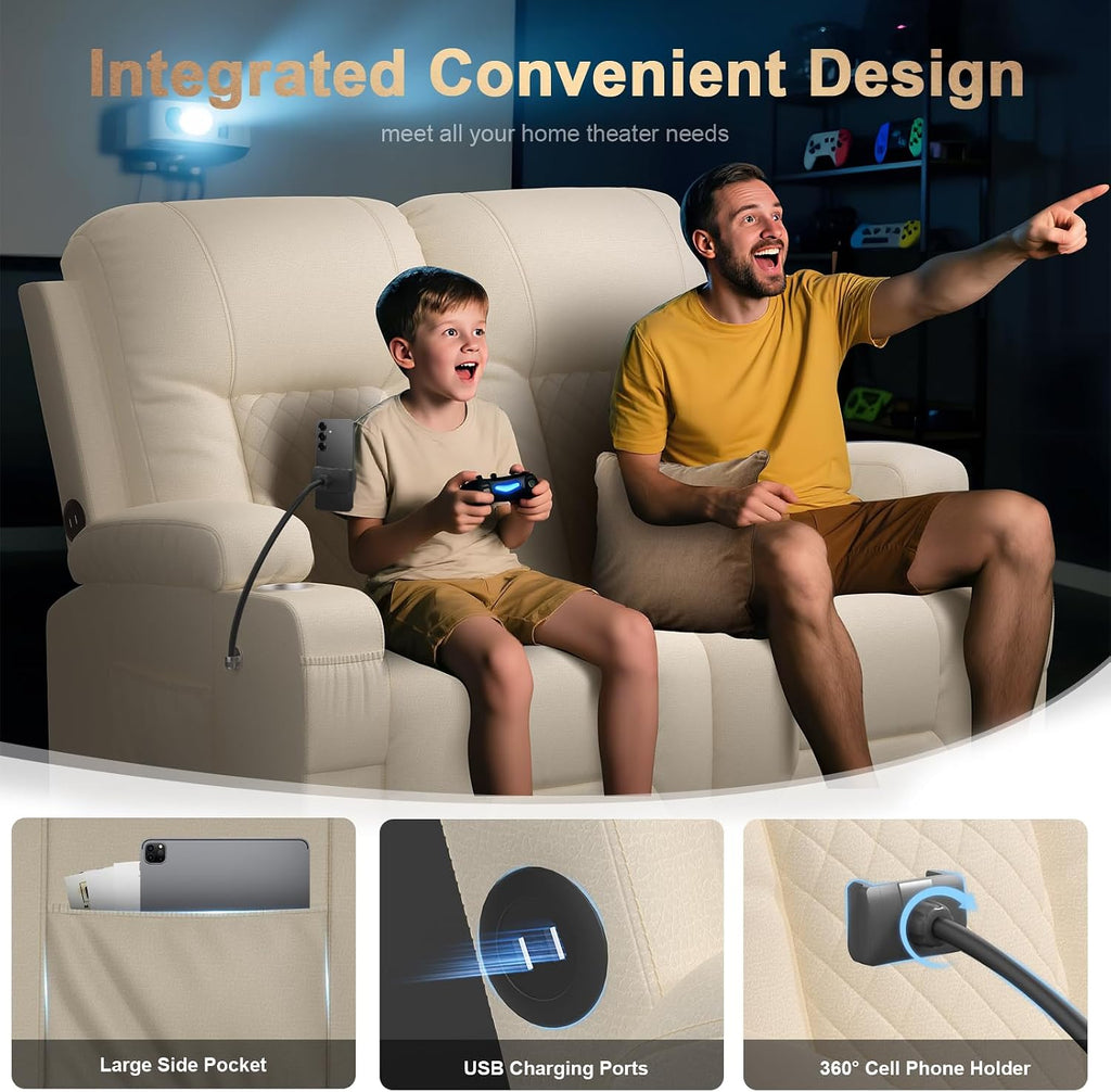 Loveseat Recliner Sofa, Home Theater Seating with Storage & Pocket, Reclining Loveseat Sofa with USB Ports & Phone Holders, Wall Hugger Recliner RV Couch Furniture