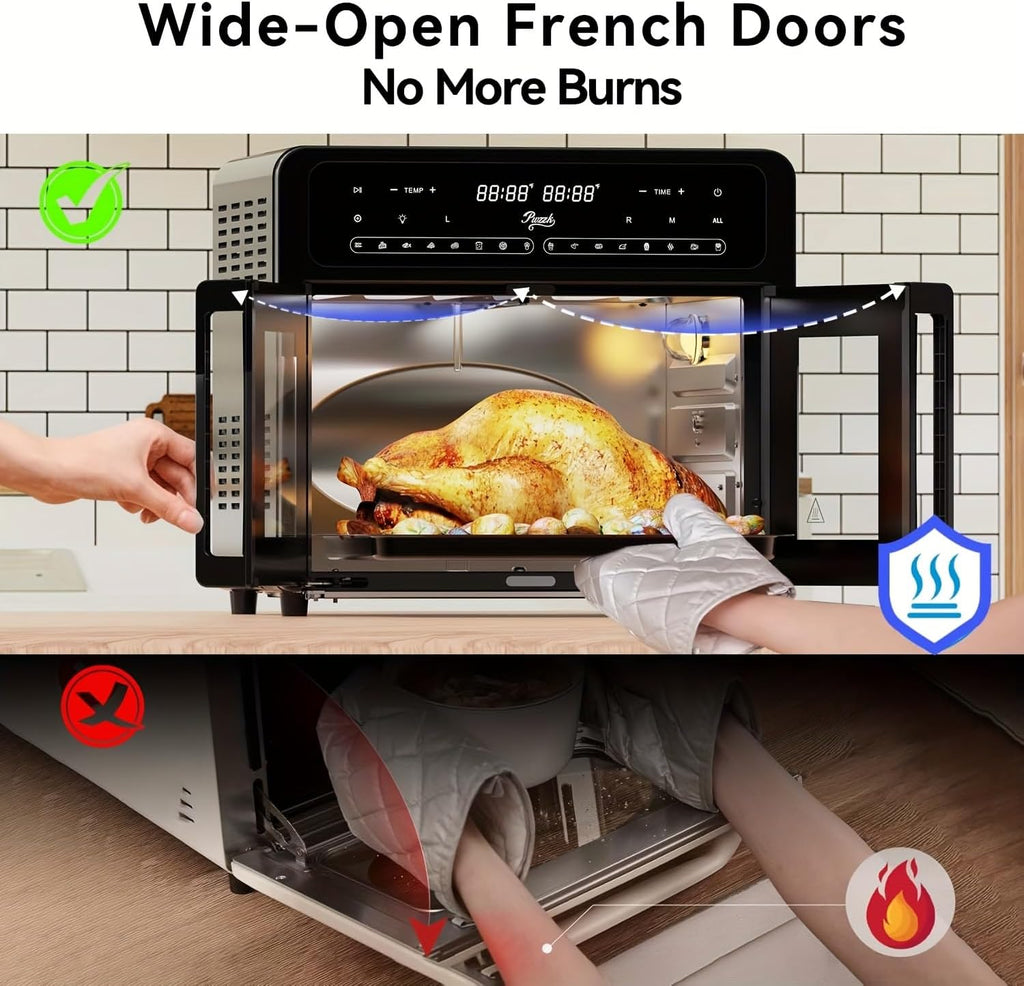 25.4QT Dual Zone Air Fryer Toaster Oven Combo, Featuring a French Door, Extra-Large Capacity, a Temperature Range of 100-430°F, 16 Preset Functions, an LED Display, Dual Fans (1)