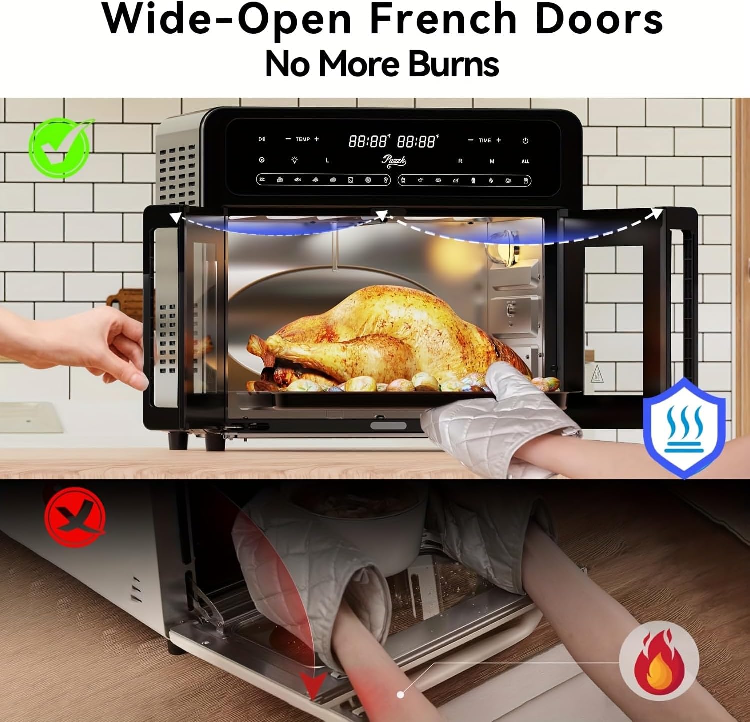 25.4QT Dual Zone Air Fryer Toaster Oven Combo, Featuring a French Door, Extra-Large Capacity, a Temperature Range of 100-430°F, 16 Preset Functions, an LED Display, Dual Fans (1)