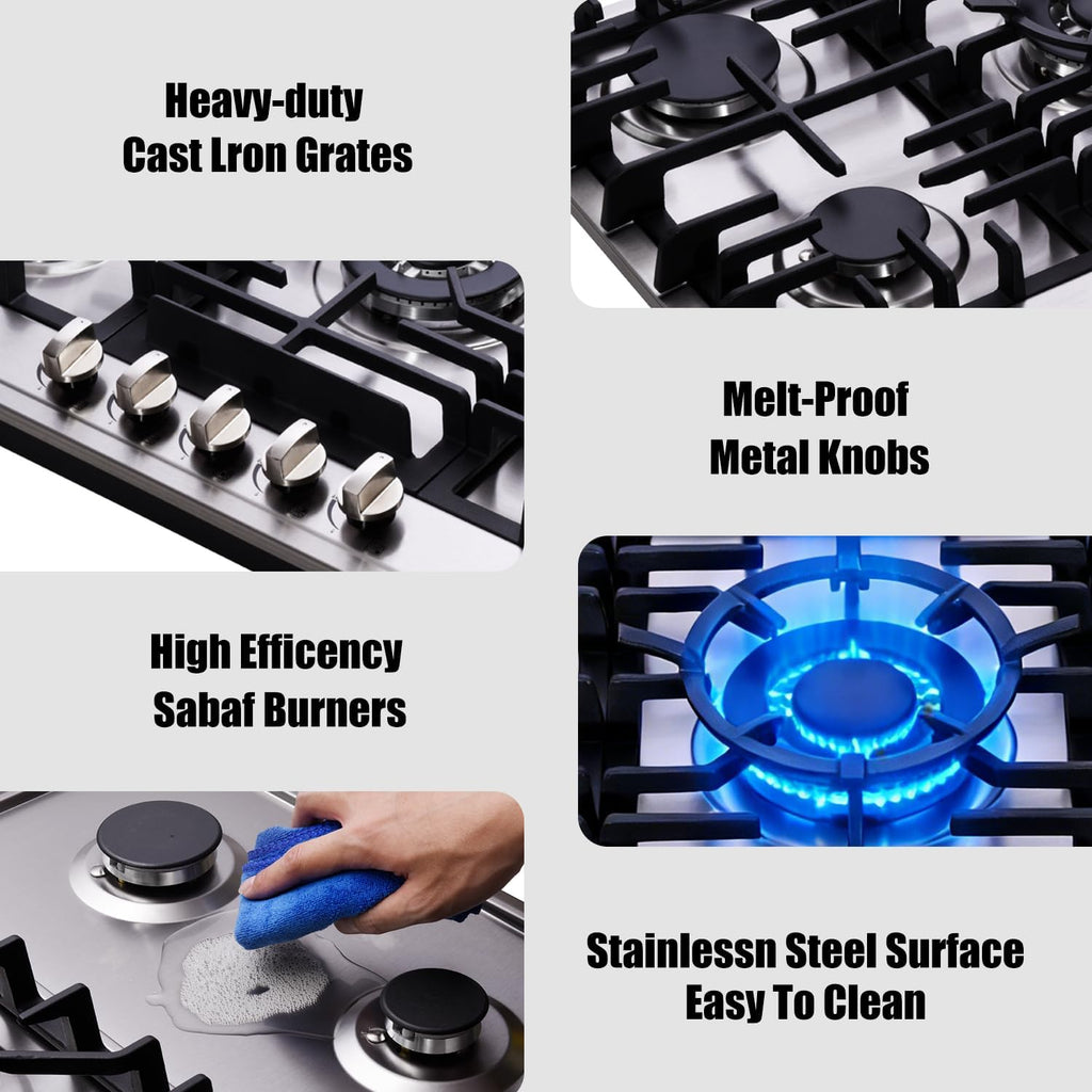 Gas Cooktop 30 Inch, Stainless Steel 5 Burners Gas Stovetop Built-in LPG/NG Convertible Gas Cooktop Dual Fuel Sealed Gas Stove
