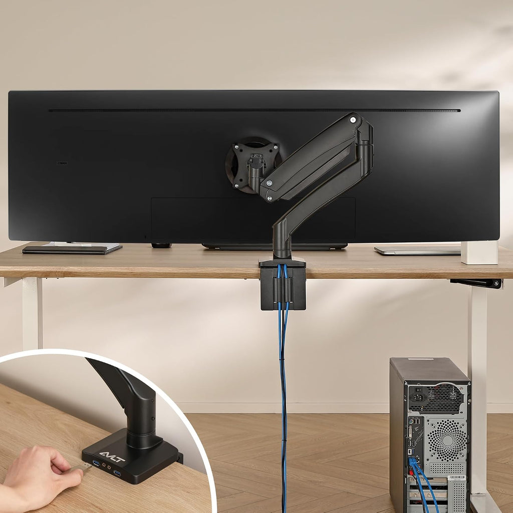 AVLT Single 17'-49' Super Ultrawide Monitor Arm Desk Mount for Screens up to 50 lbs, Premium Aluminum Stand, Adjustable Pneumatic Height, Full Motion Swivel Tilt Rotation, USB 3.0 & AUX Ports, Black
