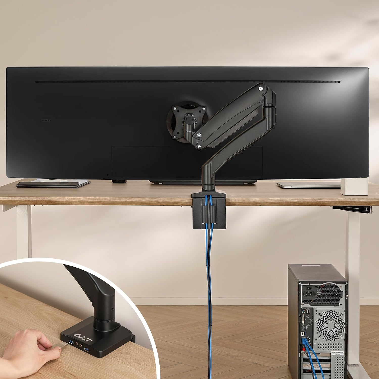 AVLT Single 17'-49' Super Ultrawide Monitor Arm Desk Mount for Screens up to 50 lbs, Premium Aluminum Stand, Adjustable Pneumatic Height, Full Motion Swivel Tilt Rotation, USB 3.0 & AUX Ports, Black
