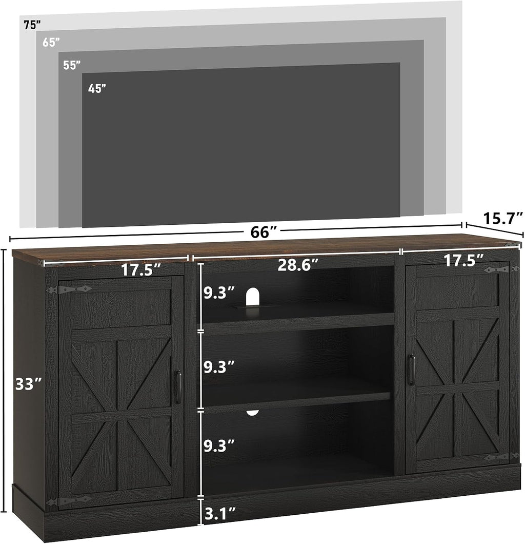 Hlivelood 66' Farmhouse TV Stand with Power Outlets for 75 Inch TVs, 33' Tall Entertainment Center with Storage Cabinets w/Adjustable Shelves, Rustic Large TV Media Console for Living Room, Black