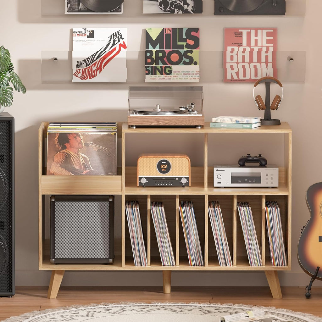 LELELINKY Large Record Player Stand, 48''Turntable Stand with Storage, Vinyl Record Holder with Display Area, Record Player Table Holds Up to 450 Albums, Record Stand for Music Room Living Room