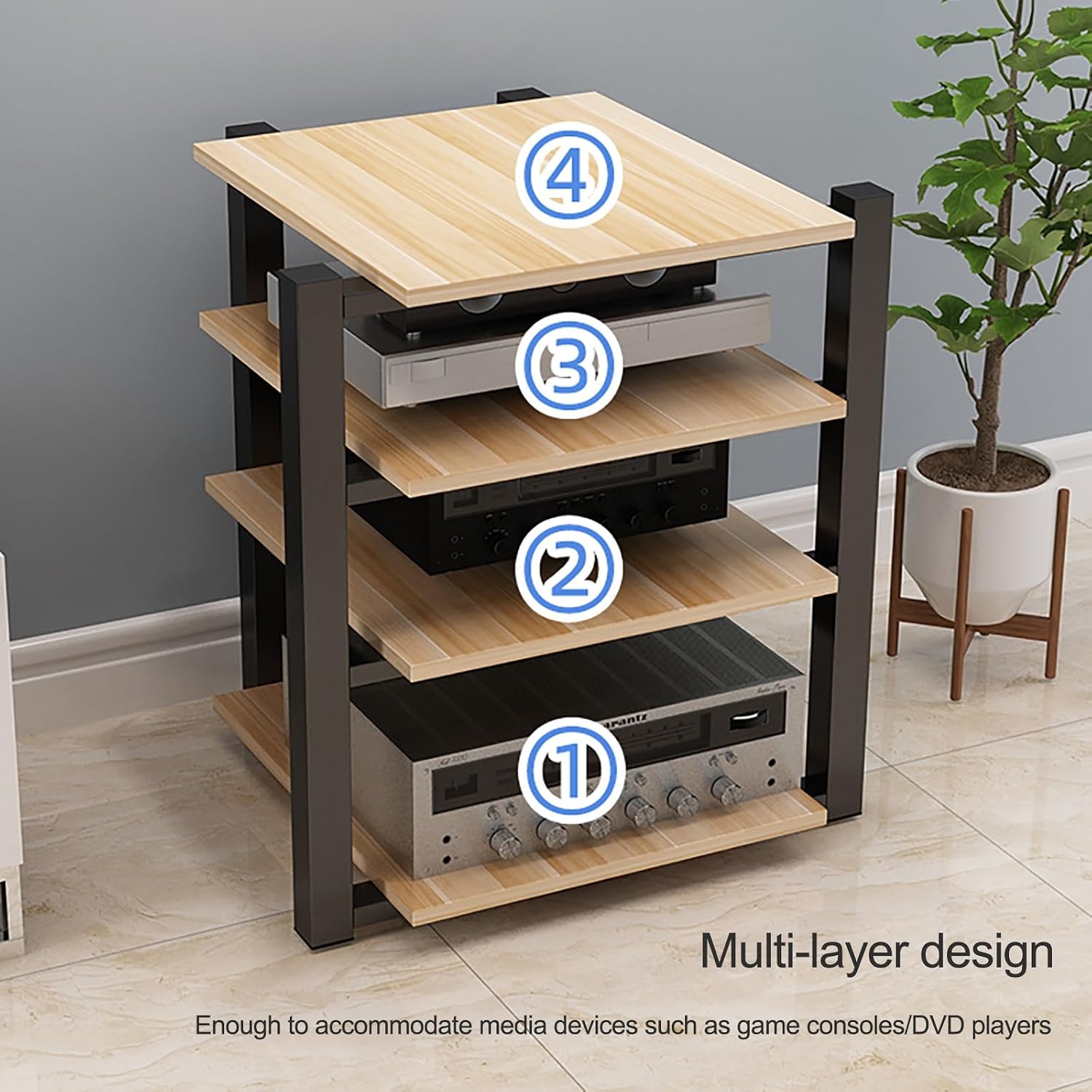 Audio Rack AV Media Stand Media Audio Tower Cabinet 2/3/4 Tier Audio Rack, for Entertainment Stereo Racks Component Storage and Collection Display(Black,90cm/35.4in)