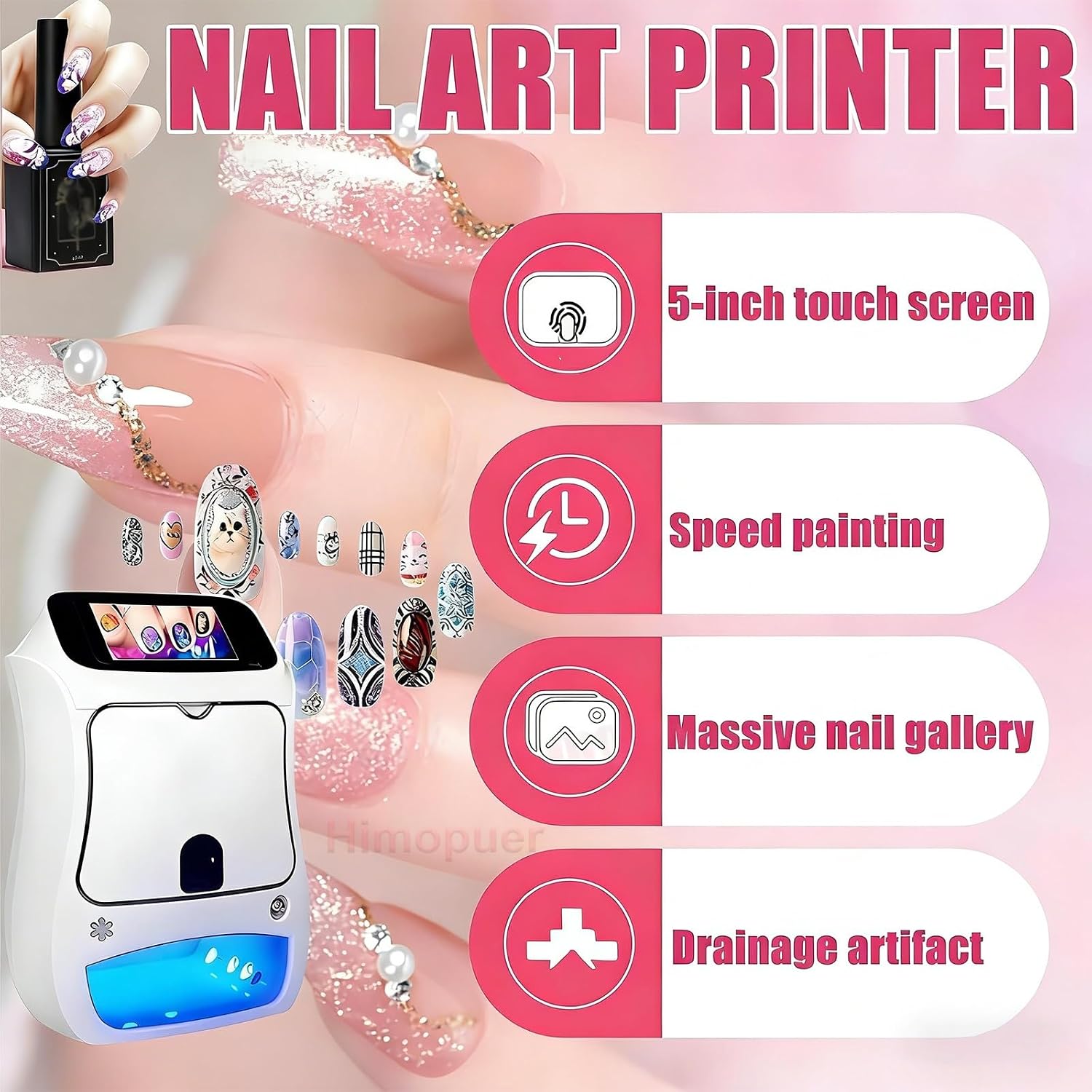 Automatic Smart 3D Art Nail Printer, Digital Mobile Nail Art Printer - Mini Portable Nail Painting Machine Control Through Frees Mobile App, for Beauty & Personal Care for Girls' Home Nails