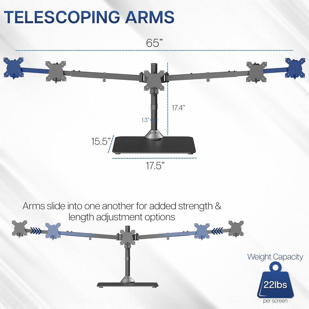 VIVO Premium Freestanding Triple Monitor Desk Mount for 3 Screens up to 22 lbs, Fits up to 38 inch Ultrawides on Center Bracket, Adjustable Telescoping Arms, Flush Wall Setup, Black, STAND-TS03F