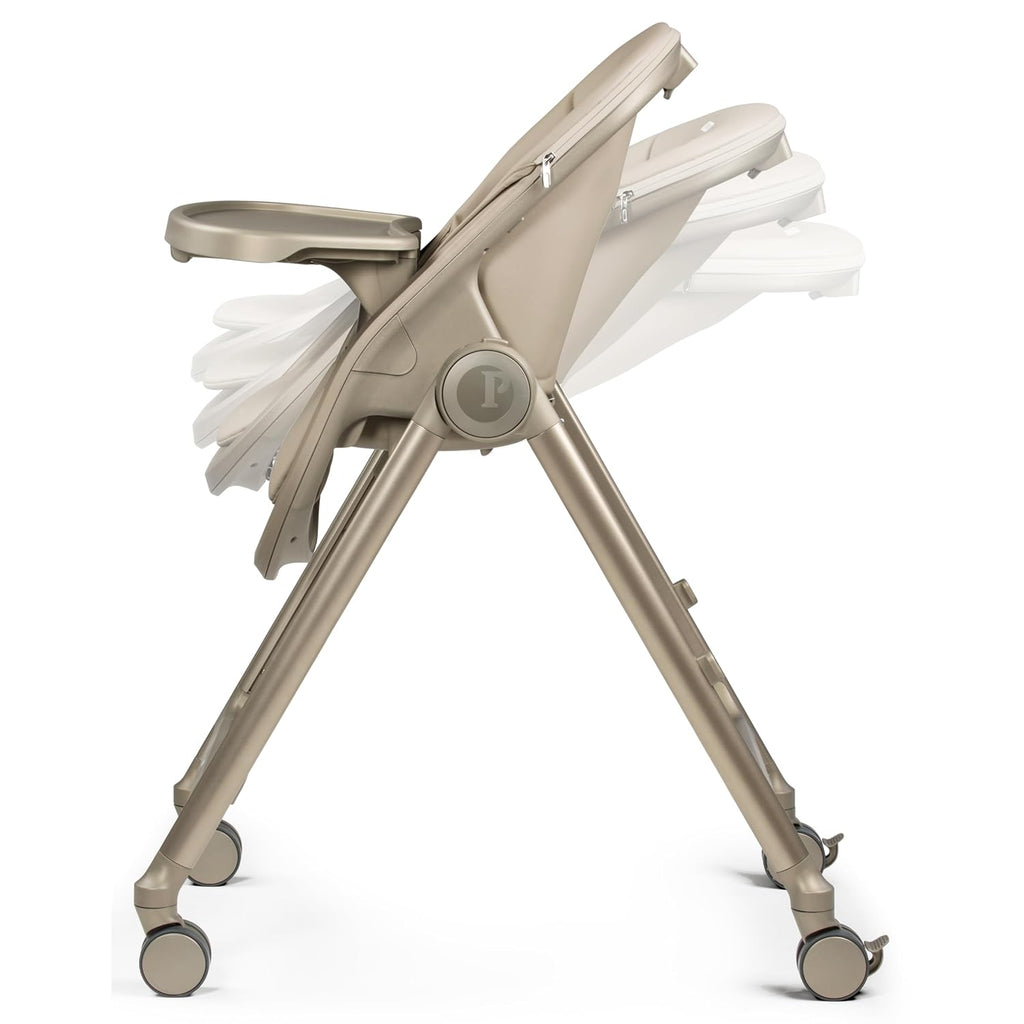 Peg Perego Living, Grow with Baby Folding High Chair & Recliner, Height Adjustable, Quick Clean & Easy Push Wheels for Babies & Toddlers, Made in Italy, Space Sand
