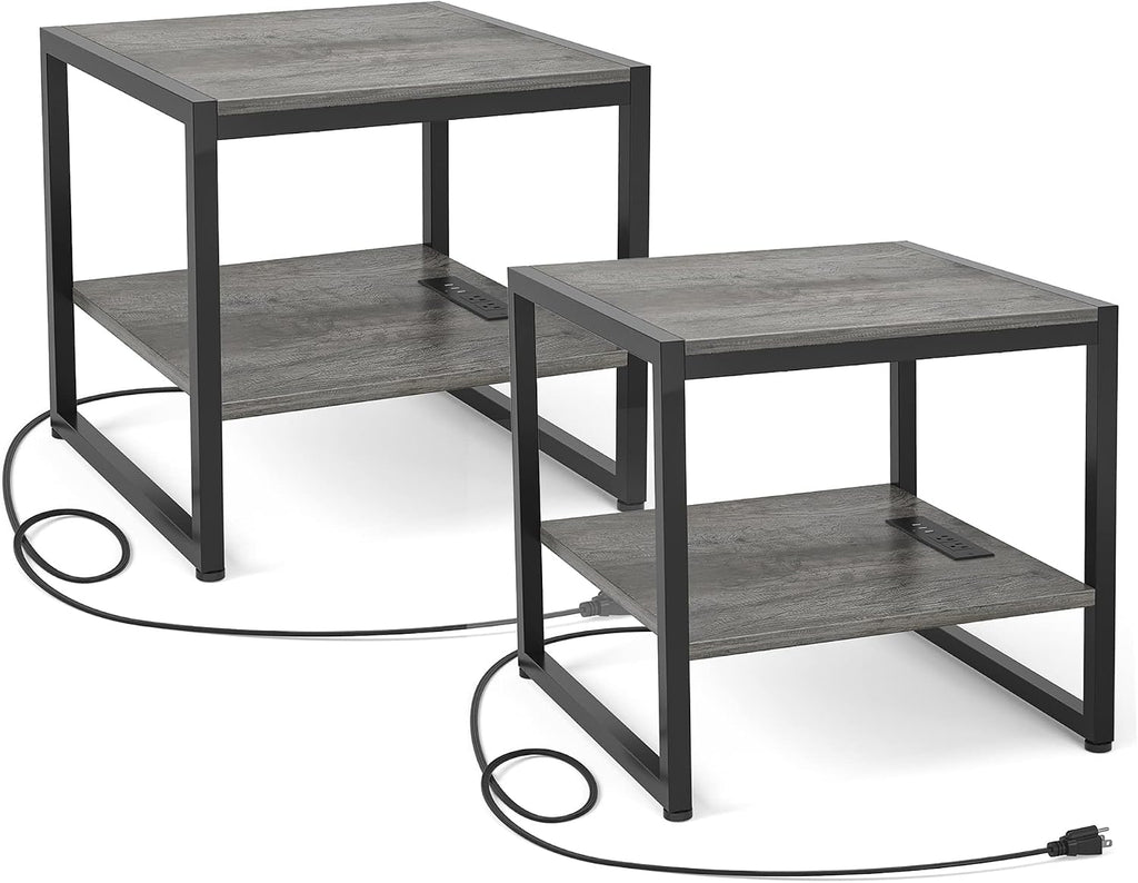 Homieasy End Table with Charging Station, 20' Mini Fridge Stand with Power Outlets, Heavy Duty Side Table for Living Room, Small Table Stand & Fridge Table, Black Oak, 2 Pack