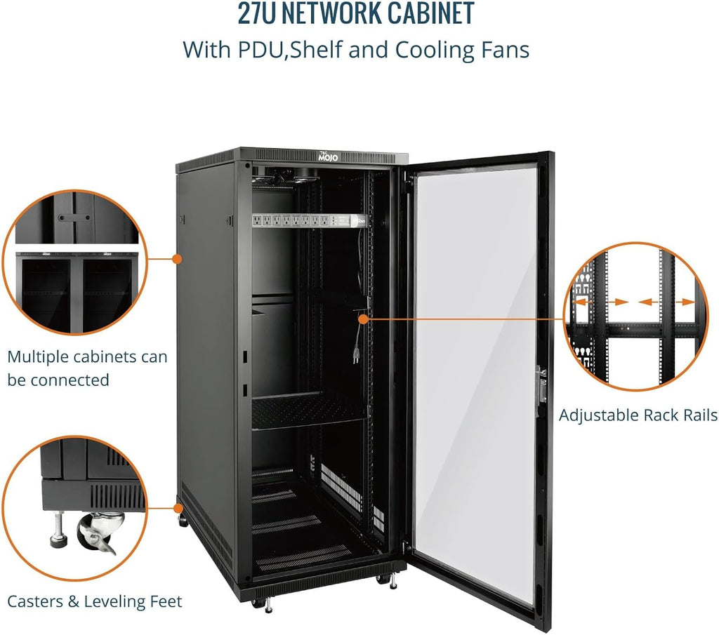 Tecmojo Network Rack Cabinet,27U Server Rack,31.5 Inch Depth,Hold Up to 1800Lbs,Lockable Cabinet with Casters and Complete Accessories,Clear Door,for Home,Office,Small Business (27U 23.6' w*31.5' d)