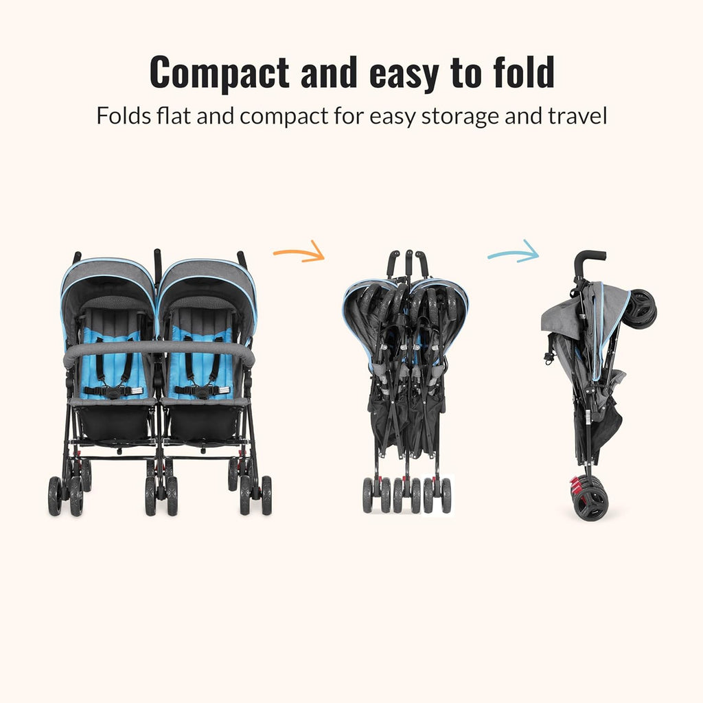 Dream On Me Volgo Twin Baby Stroller, Lightweight Side-by-Side Double Umbrella Stroller with Adjustable Canopy, 5-Point Harness, Storage Basket & Travel-Friendly Fold – Blue and Dark Grey