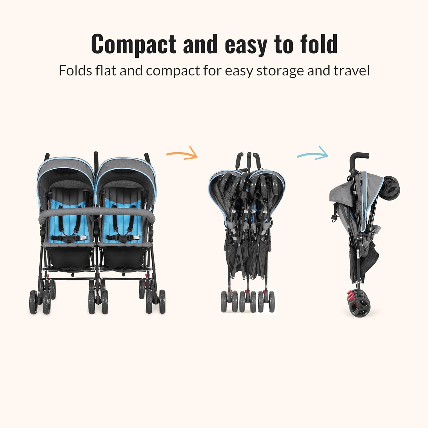 Dream On Me Volgo Twin Baby Stroller, Lightweight Side-by-Side Double Umbrella Stroller with Adjustable Canopy, 5-Point Harness, Storage Basket & Travel-Friendly Fold – Blue and Dark Grey
