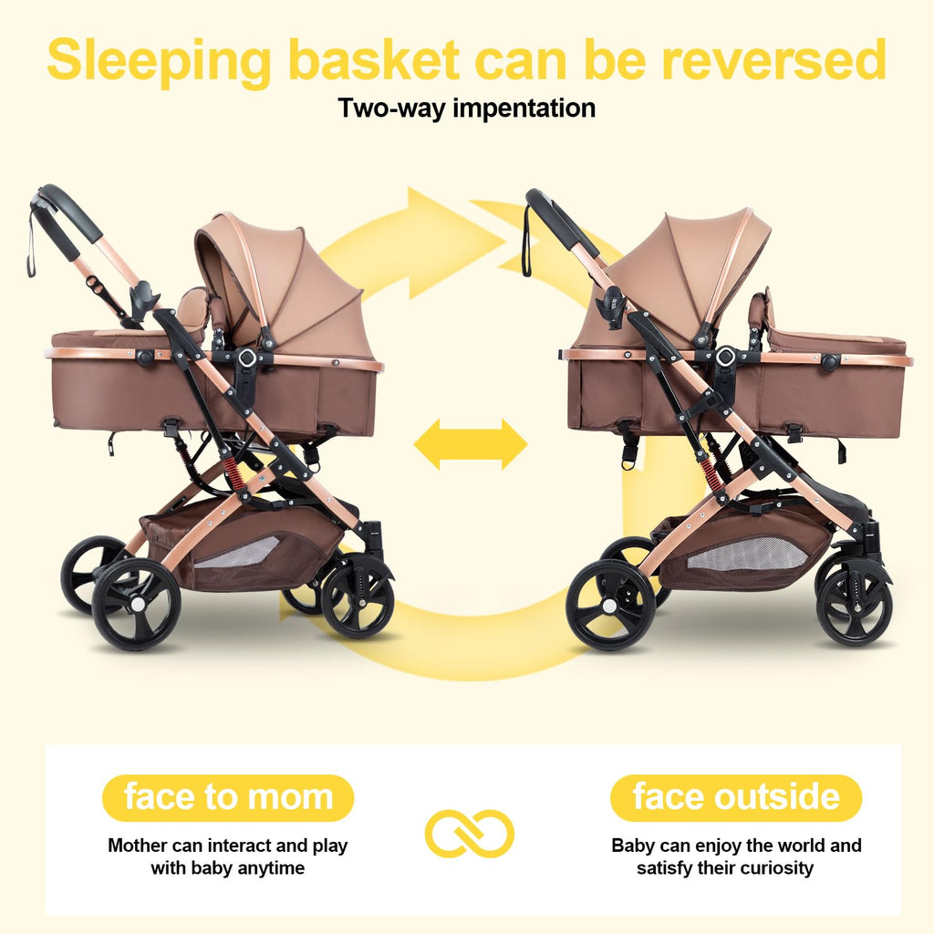 2 in 1 Baby Stroller Newborn Foldable Pushchair with Adjustable Canopy Folding High Landscape Infant Carriage, Anti-Shock Toddler Pushchair