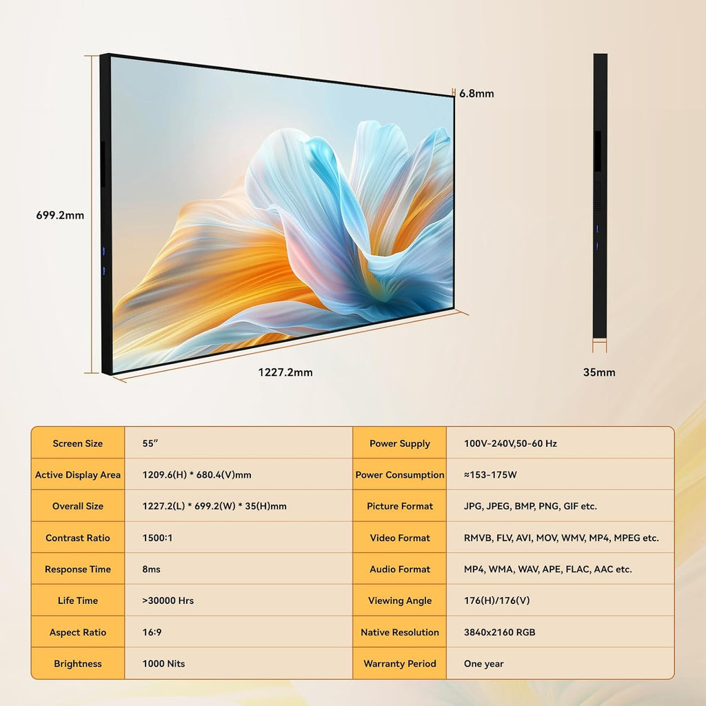Digital Signage Display 55 inch Wall Mount Digital Menu Board for Restaurants and Stores Advertising Screen 1000 nits Ultra-High Brightness 4K UHD Free Web Content Editor Android 4GB + 32GB
