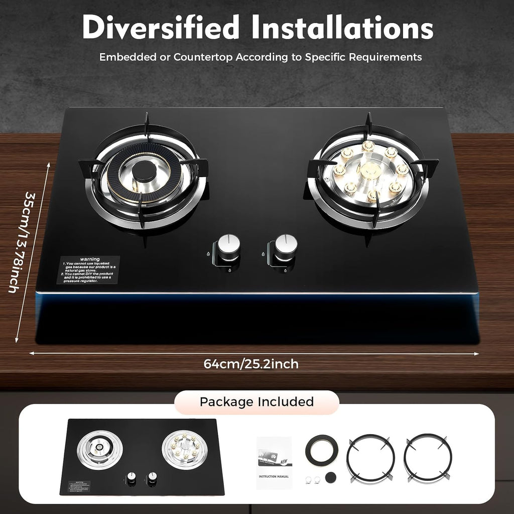 Dual Burner Gas Stove 5.2KW & 4.2KW - Professional Cooking with Flame Failure Protection & Tempered Glass Top for Home Cooks, Countertop/Embedded Installation