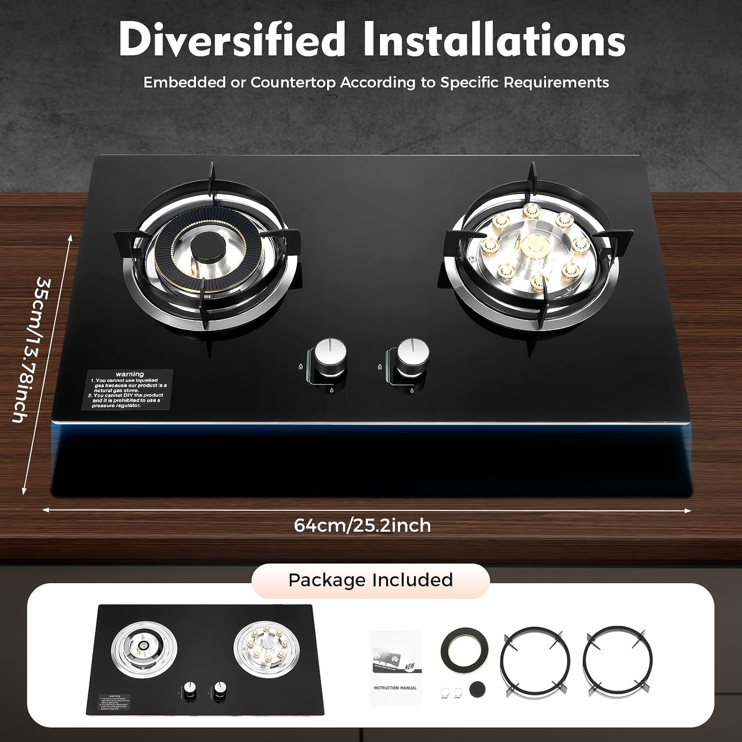 Dual Burner Gas Stove 5.2KW & 4.2KW - Professional Cooking with Flame Failure Protection & Tempered Glass Top for Home Cooks, Countertop/Embedded Installation