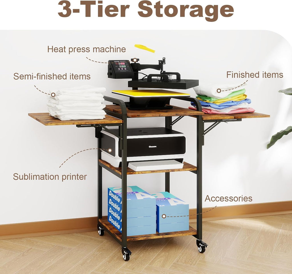 PUNCIA 3 Tier Movable Heat Press Table Foldable Heat Transfer Machine Stand Heavy Duty Rolling Workbench with Folding Table for DIY Sublimation Transfer Machine Metal Shelf Storage Organization