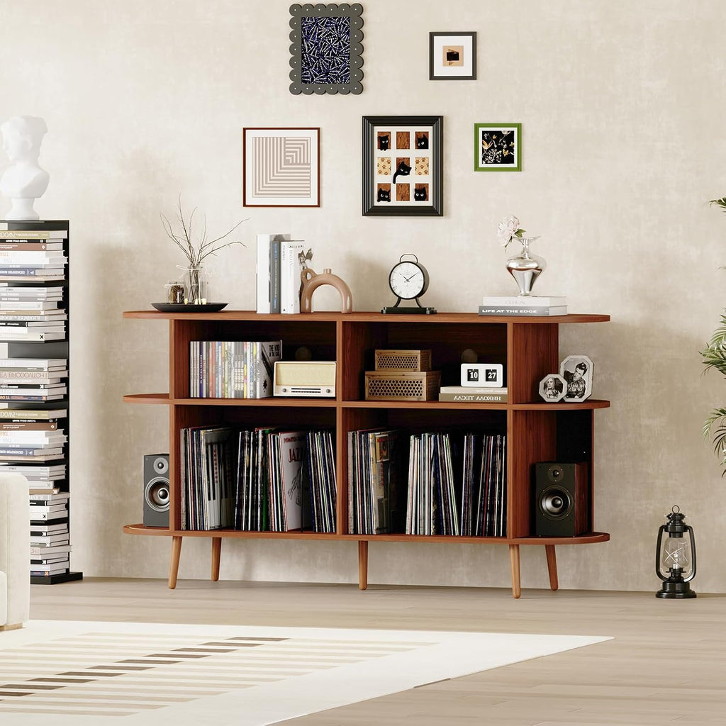 55.1' Wide Record Player Stand with Storage - Vinyl Record Storage Cabinet & Media Console Holds 300+ Records, Mid Century Modern Turntable Stand for Living Room (Walnut, 55.1')