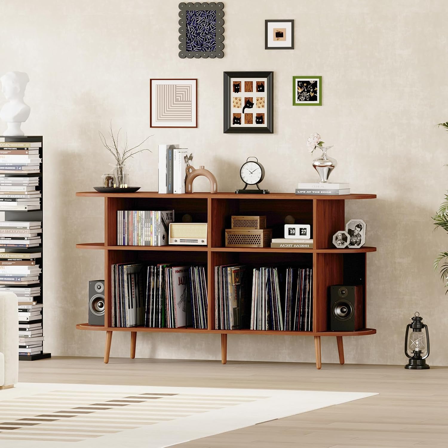 55.1' Wide Record Player Stand with Storage - Vinyl Record Storage Cabinet & Media Console Holds 300+ Records, Mid Century Modern Turntable Stand for Living Room (Walnut, 55.1')