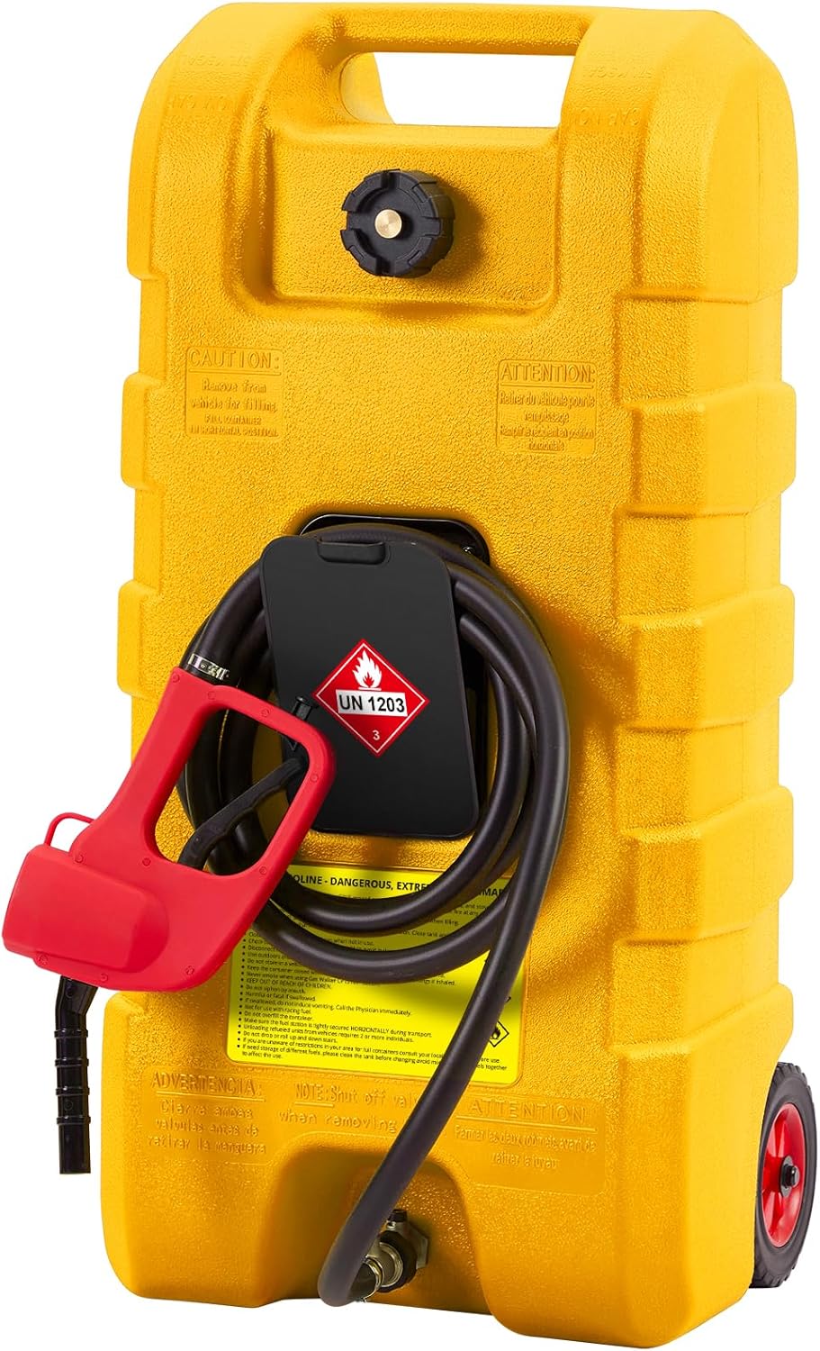 15 Gallon Portable Gas Tank with Caster,LE Fluid Transfer Siphon Pump,Fuel Caddy With 10Ft Hose. Delivery Hose Diesel Fuel Gas Can for Cars, Lawn Mowers, Boats Red/Gray/Yellow, Portable Diesel Can