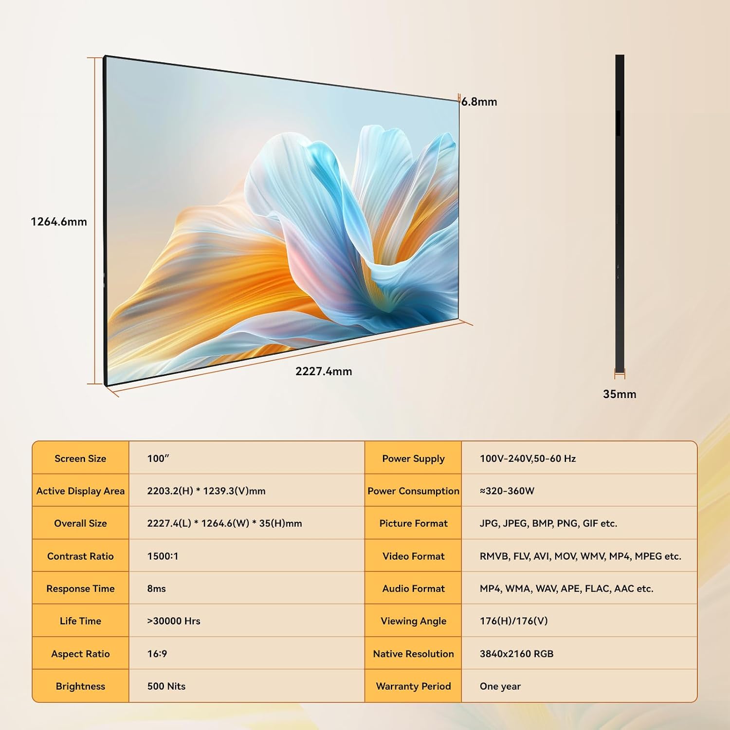 Digital Signage Display 100 inch Wall Mount Digital Menu Board for Restaurants and Stores Advertising Screen 500 nits Ultra-High Brightness 4KUHD Free Web Content Editor Android 4GB + 64GB