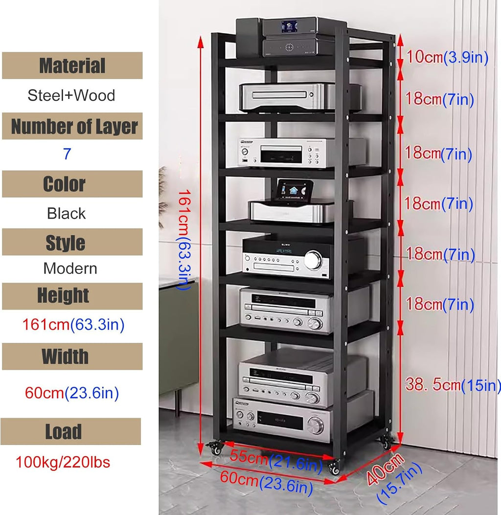 Tall Stereo Racks And Stands on Wheels Media Storage Cabinet Rack, Black Modern Entertainment Stereo Components Stand, Audio Video Equipment Rack（7 tier-60cm wide）