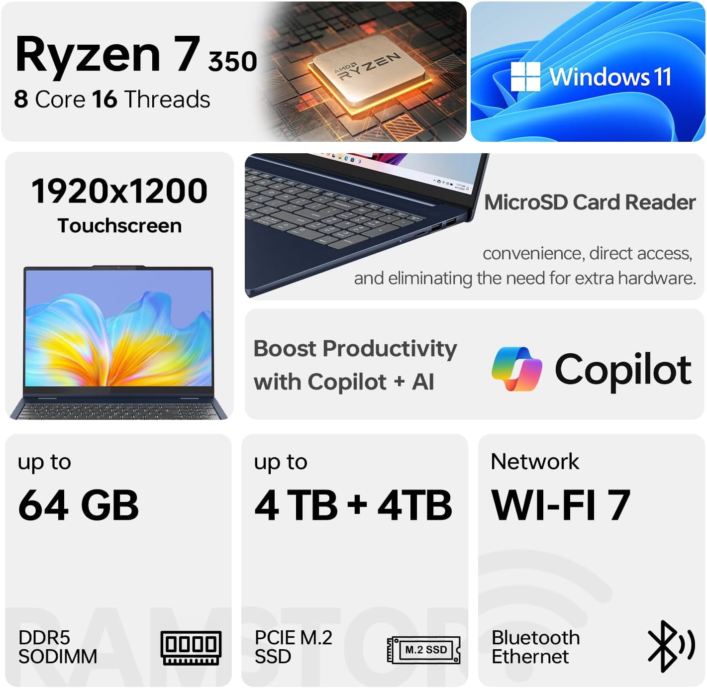 Lenovo IdeaPad Slim 5 Business Laptop, 16' FHD+ Touch, Ryzen 7 350(5GHz max Frequency, >Ultra 7 155U), 16GB RAM, 1TB SSD, Backlit, Wi-Fi 7, W11P, Copilot AI-Ready, Bundle with PCO Laptop Cooler