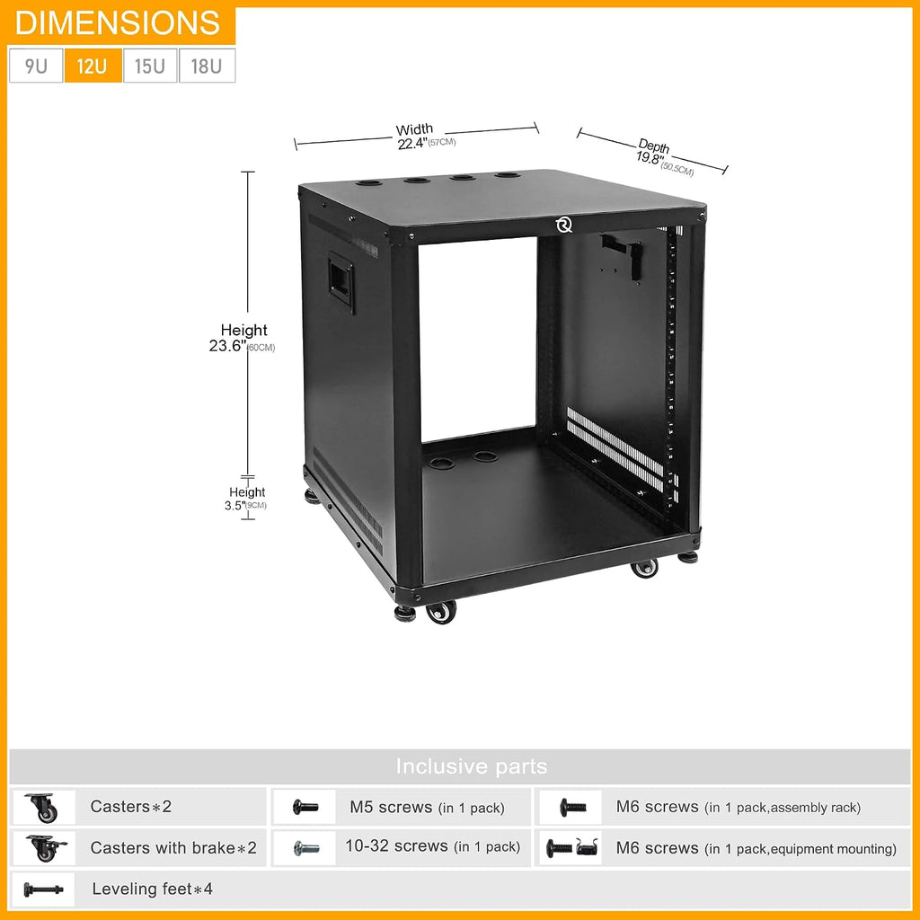 RIVECO 12U Stereo & Server Rack with Caster Wheels, Rolling Network Cabinet, Open Frame Rack for 19-inch Audio Video Music Recording & IT Equipment Lifting Handle & 1U 10' Rack Shelves 2PCS