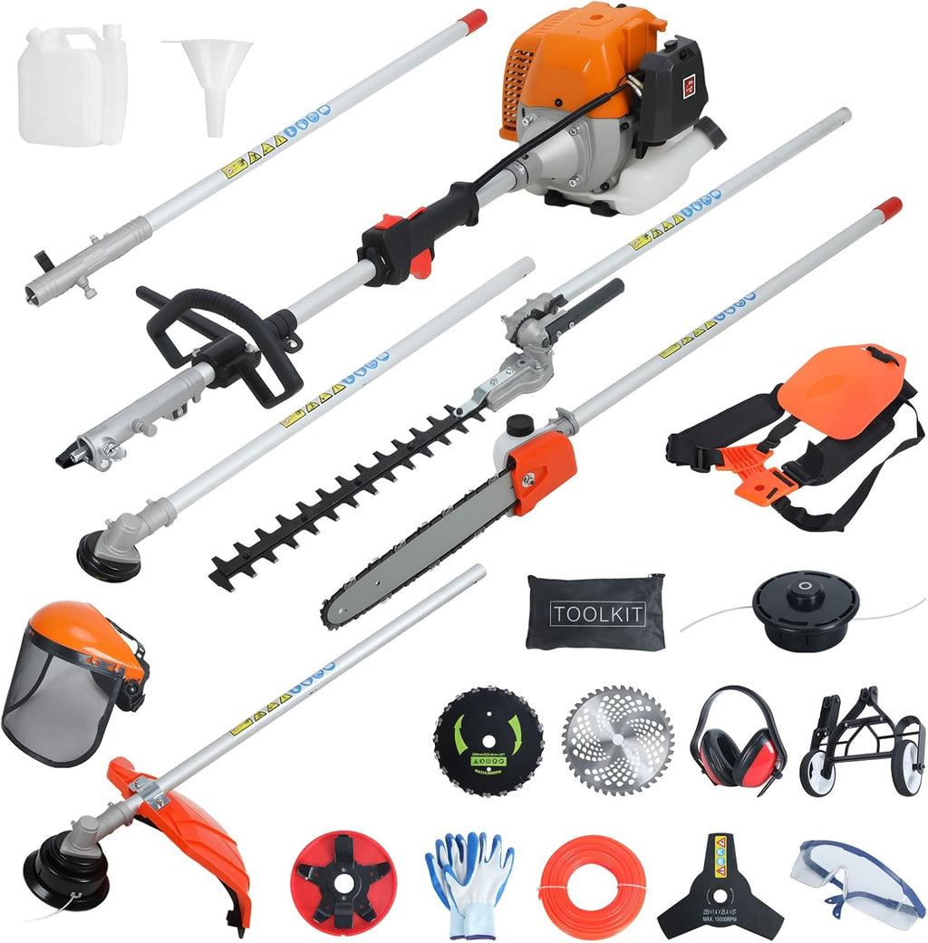Weed Wacker Gas Powered, 𝟖-𝐢𝐧-𝟏 Multi-Functional Weed Eater Tree Hedge Trimmer Lawn Mower with Hedge Cutter Pole Saw Edger 9500RPM 3000r/min Engine Spee Orange (8 in 1 Orange)