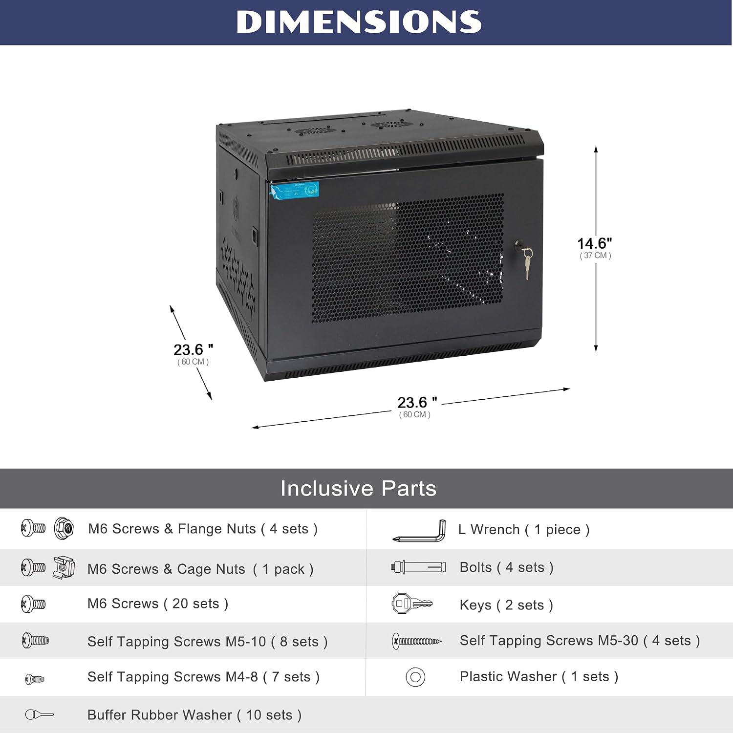 6U Wall Mount Server Cabinet with A Lockable Front Vented Door, Cooling Fans, Removable Side Panels - 60cm Depth, 19' Network Rack Including Full-Size Rack Shelf for IT Equipment